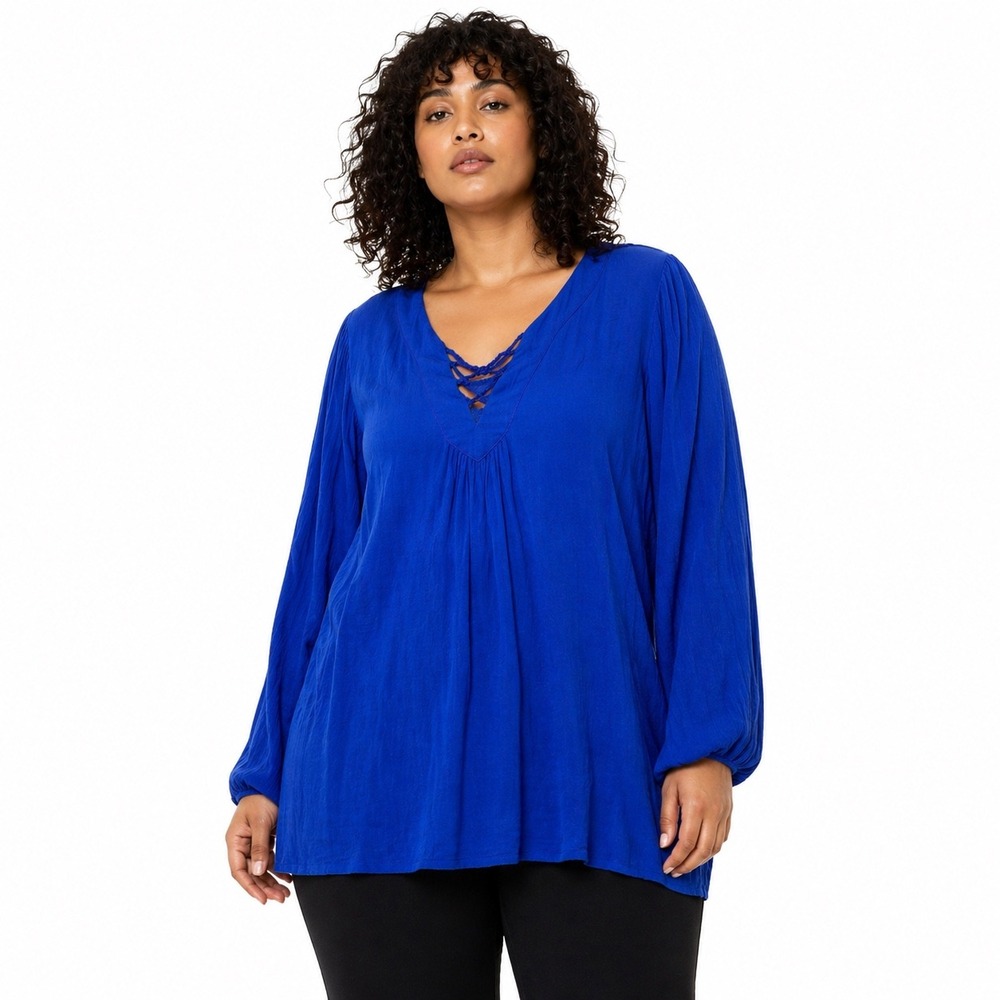 Torrid 2X Blue Lace-Up Crinkle‎ Gauze Blouse Top Minimalist Coastal Boho Resort
